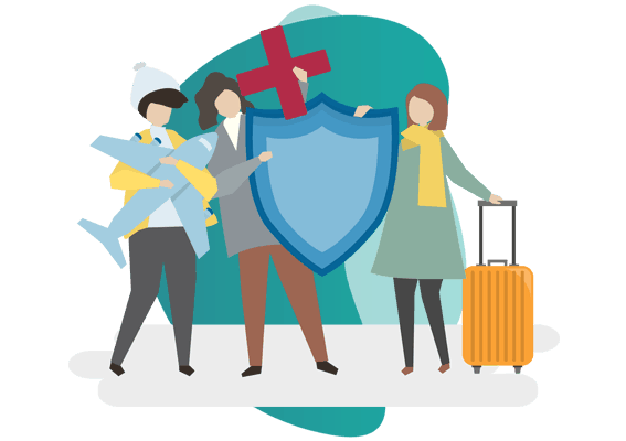 COMMERCIAL GENERAL LIABILITY policy - vector image of a man and 2 women holding icons of air plane, suitcase and label