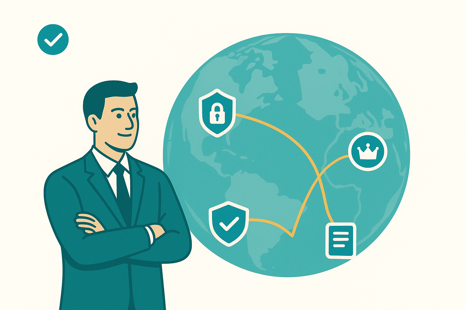 A conceptual image of a business being protected by a global shield