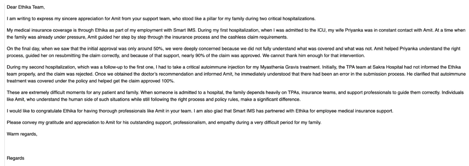 Client review of Ethika's group health claims support