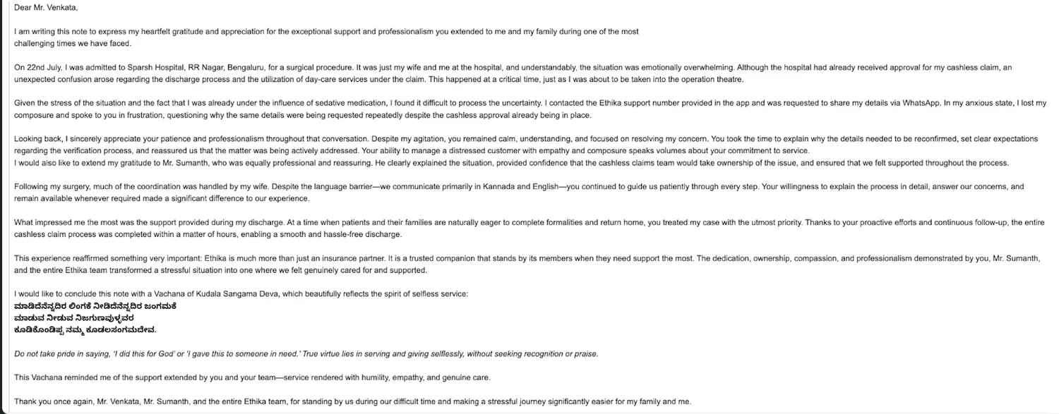 Client review thanking the Ethika team for their help through a claim