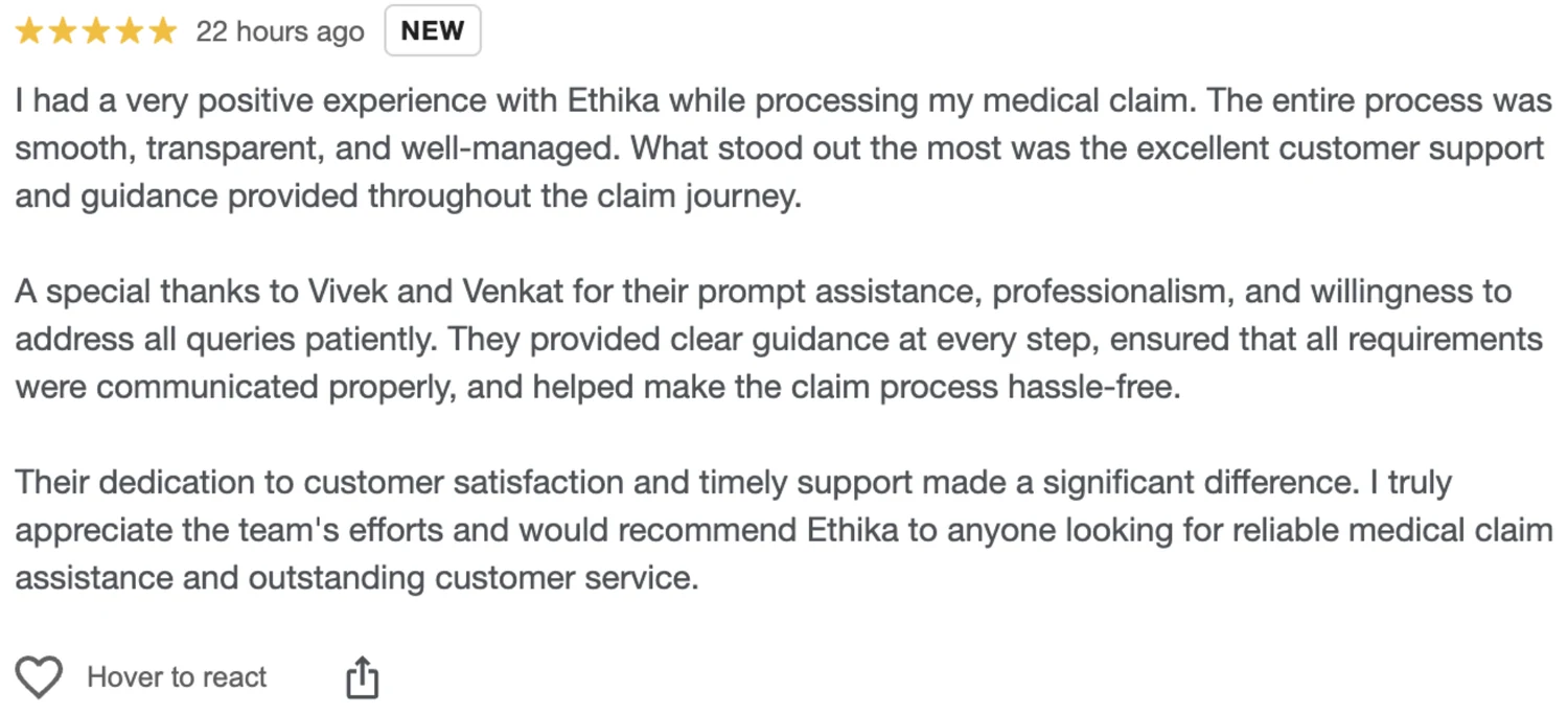 Client review praising Ethika's guidance through a hospital claim