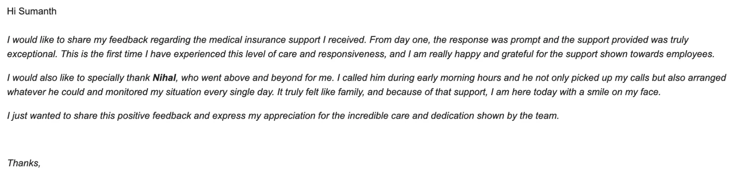 Client email thanking Ethika for prompt, exceptional insurance support