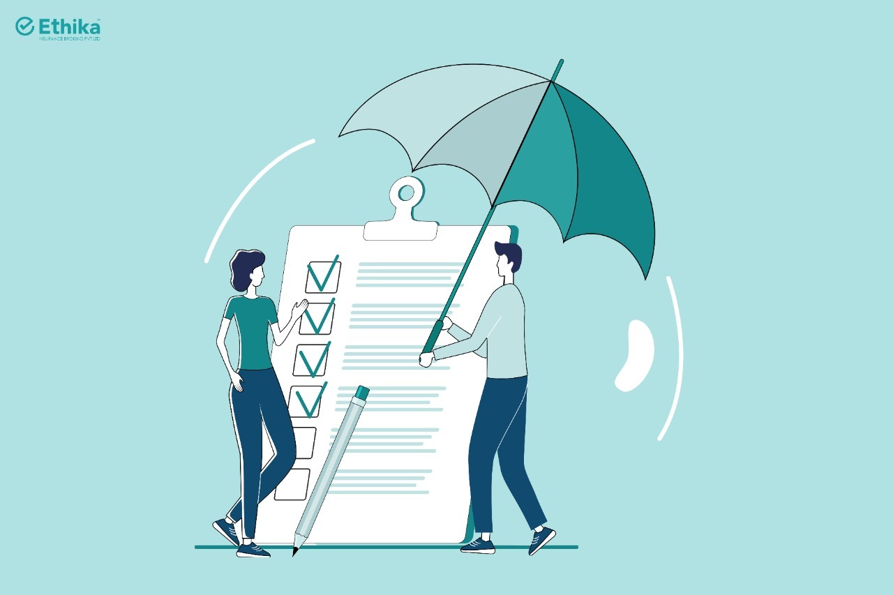 Public general insurers - vector graphic having two men one is having umbrella