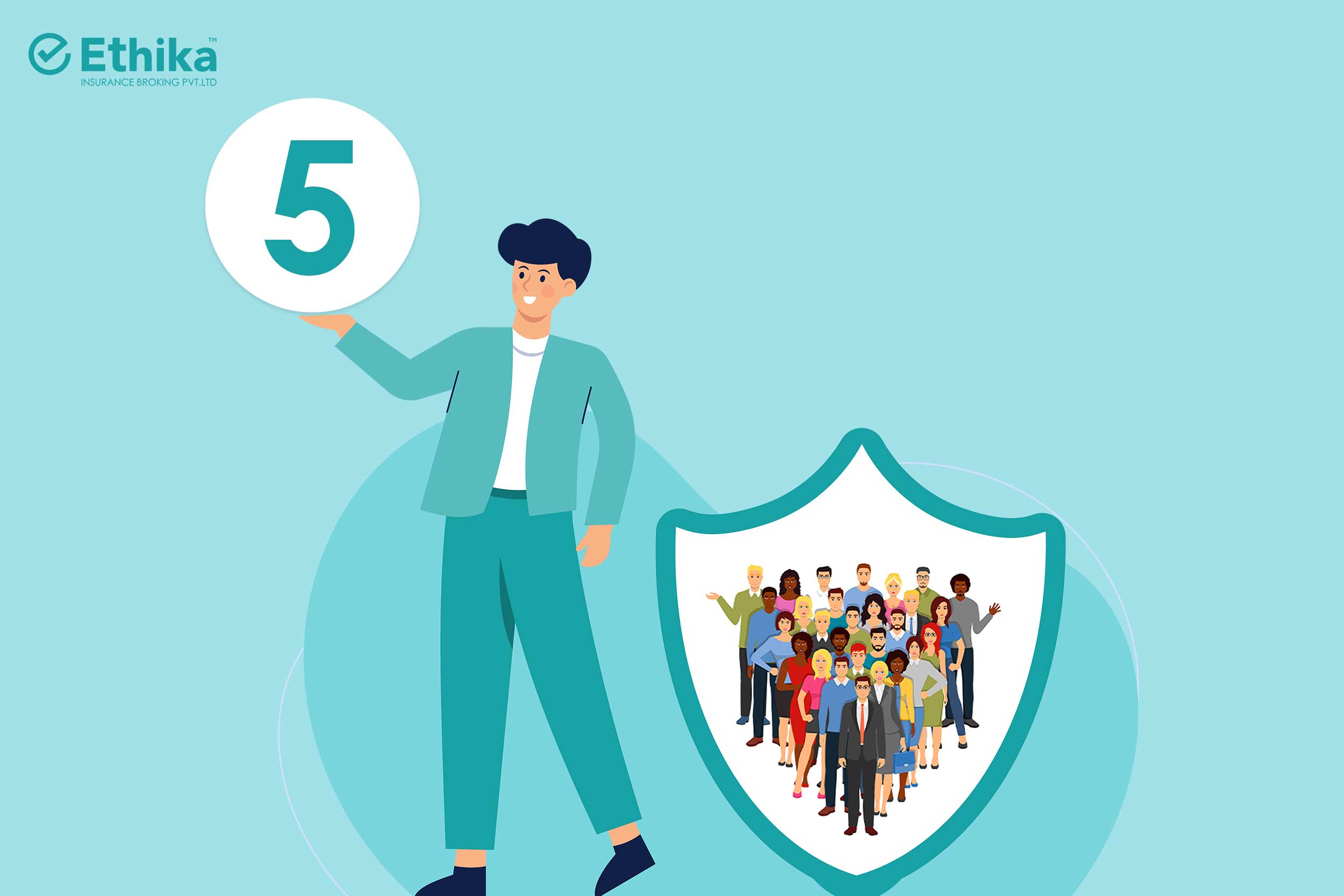 Reasons to offer group health insurance to employees: A vector image of a standing man with the number 5 as well as pictures of his peers in the shield.
