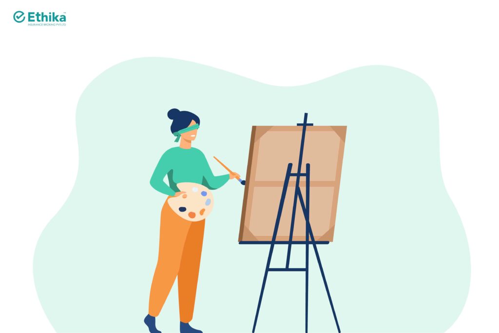 Blind Folded Drawing - vector image of a person standing and painting on board