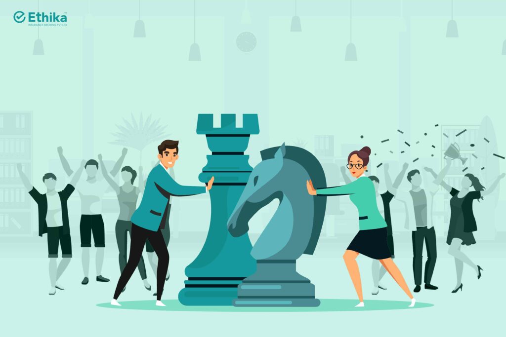 Office Mini Sports. - vector image of people playing with big chess icons