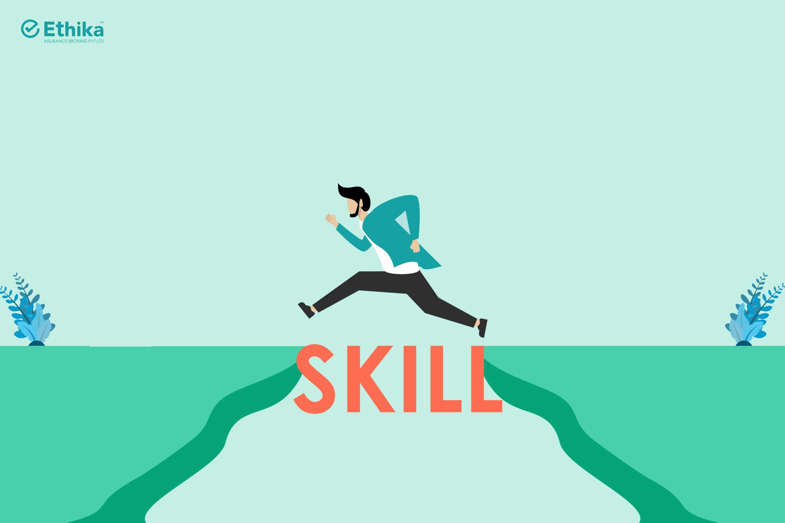 skill gaps in workforce - vector image of a guy jumping between gap
