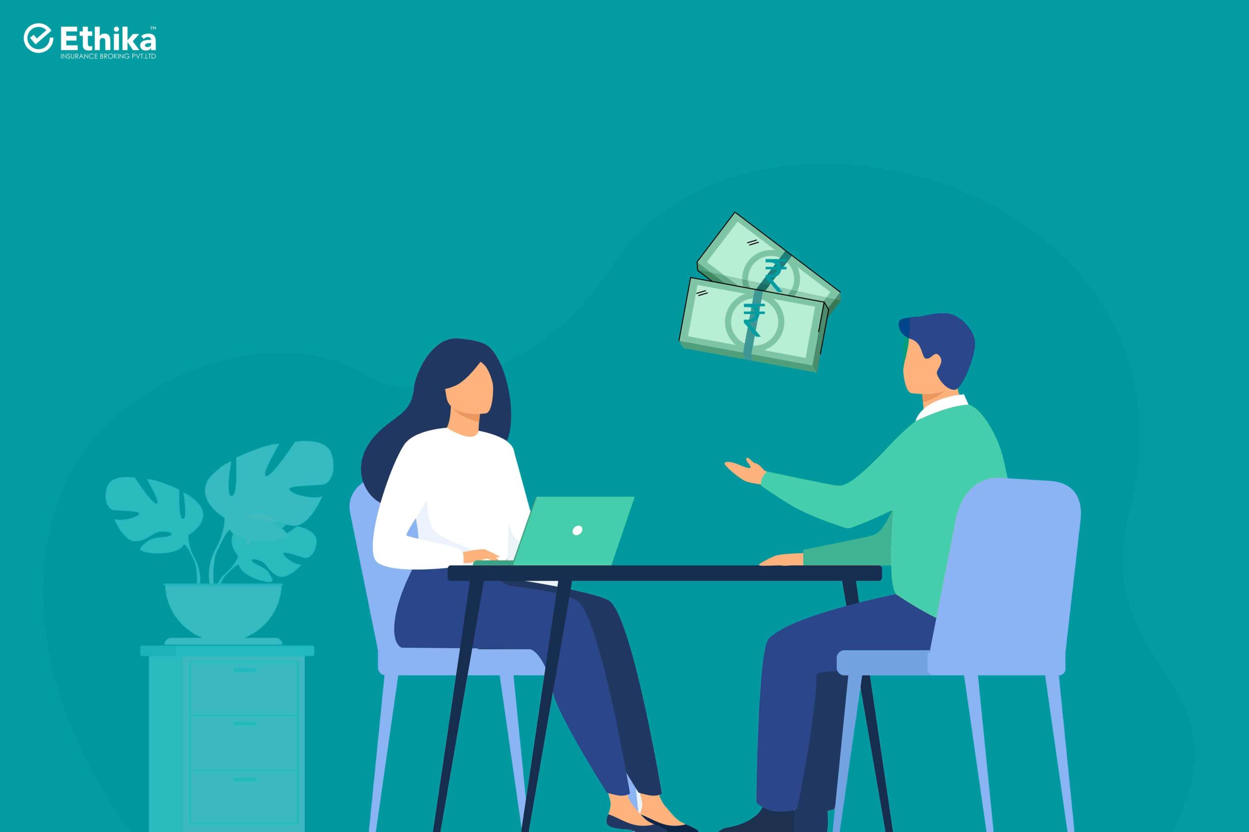 salary negotiation with HR - vector image of 2 employees sitting on table and discussing